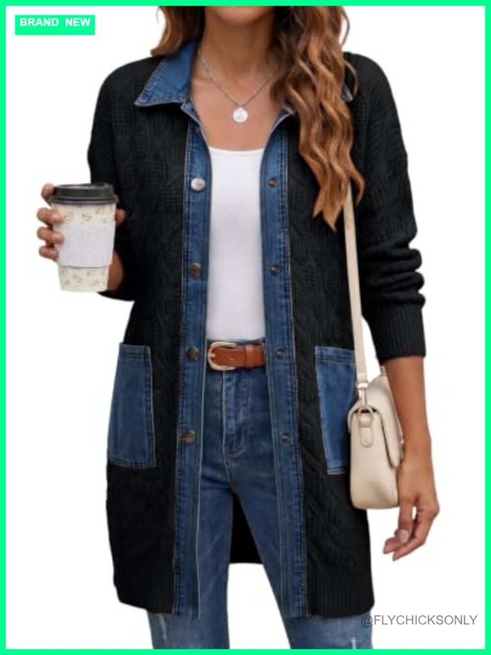 Denim Patchwork Cable Knit Chunky Cardigan Women Long Sleeve Open Front